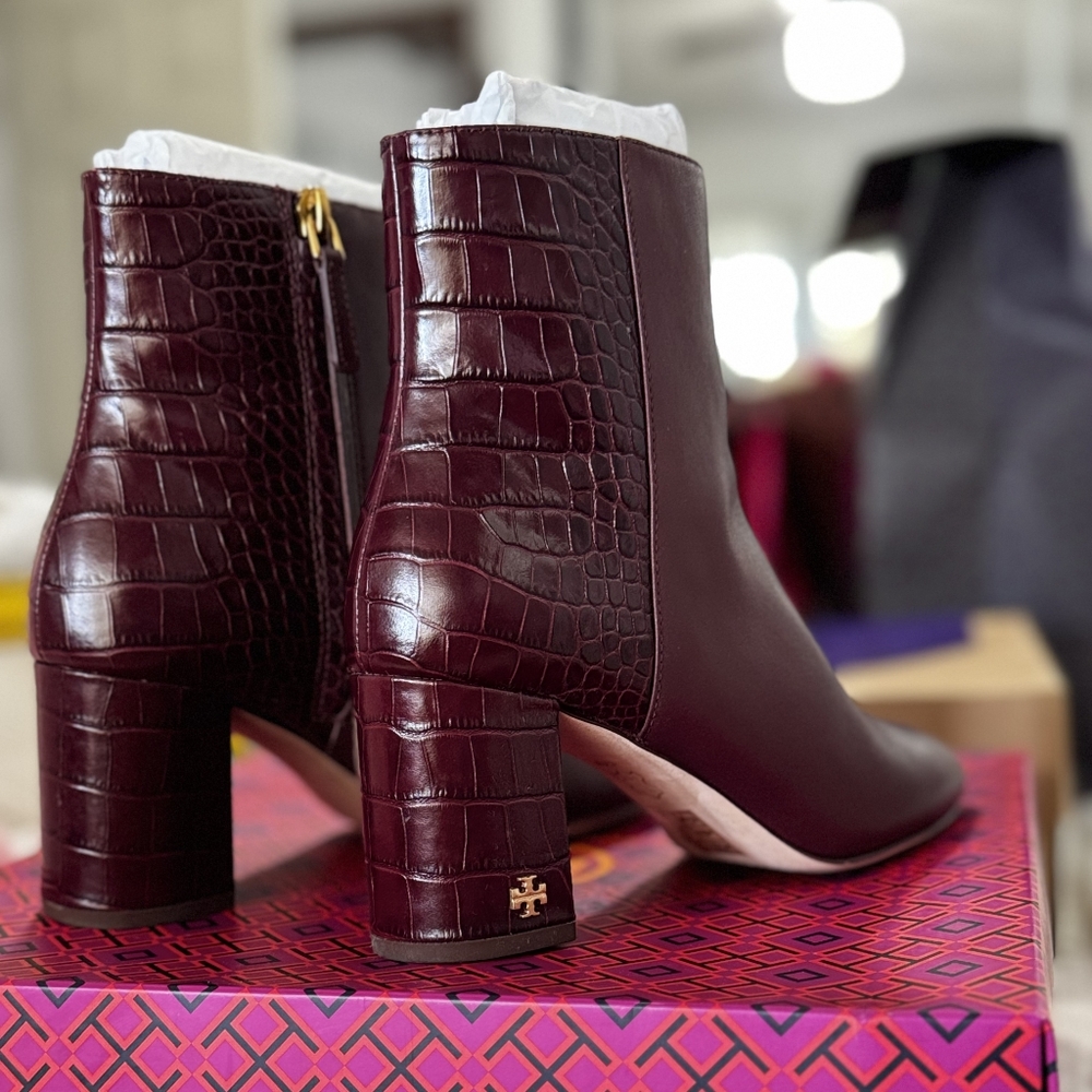 NWT Tory Burch Dark Red Croc-Embossed Ankle Boots